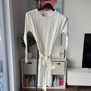 Cable-Knit Long Sleeve Belted Dress - White